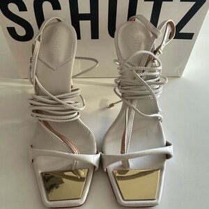 SCHUTZ White and Gold Strappy Heels